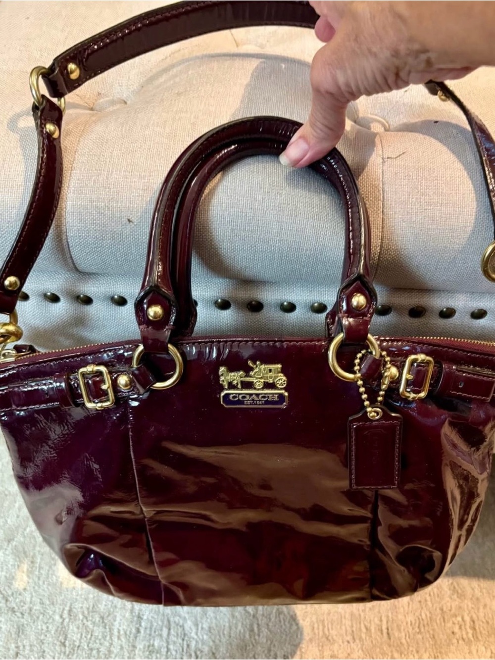 COACH Maroon Burgundy Patent Leather Women's Tote Bag Gold Hardware